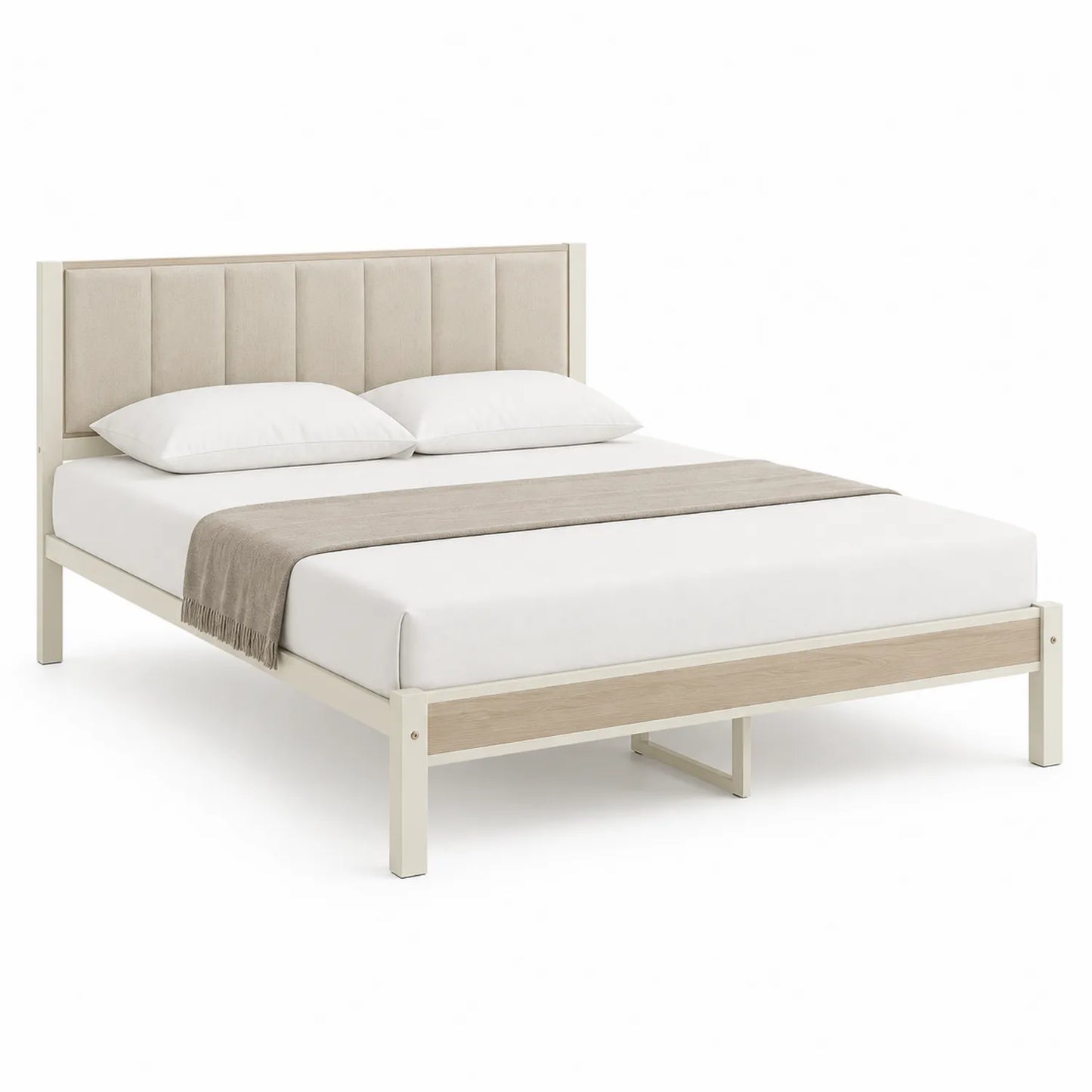 Lit double en bois avec tête de lit rembourrée en tissu
