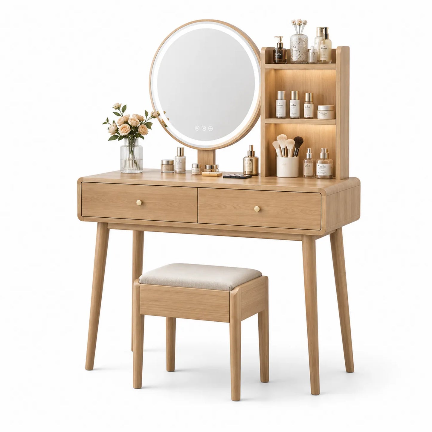 Coiffeuse en bois avec miroir LED rond et tabouret
