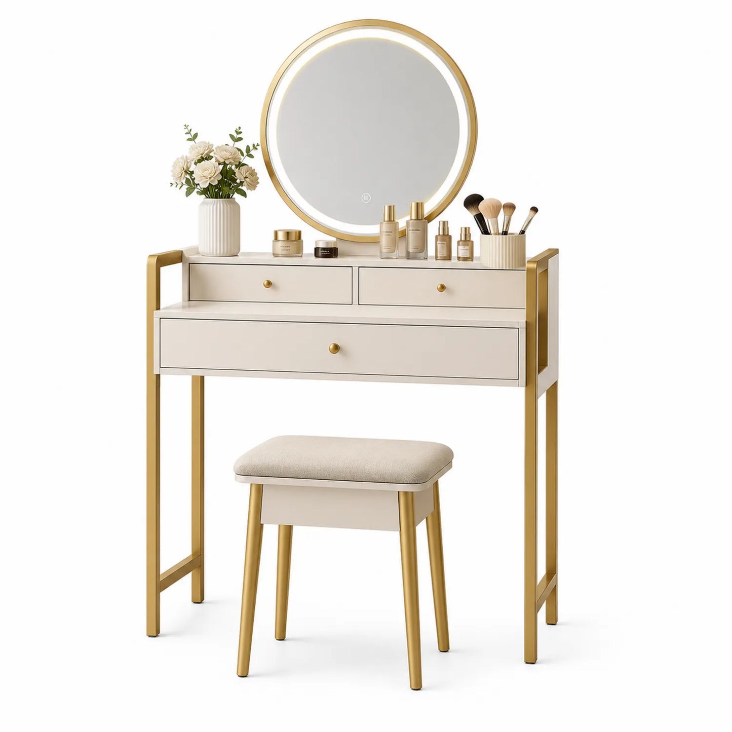Table de Maquillage avec Miroir LED Rond et Tabouret en Bois et Métal Doré