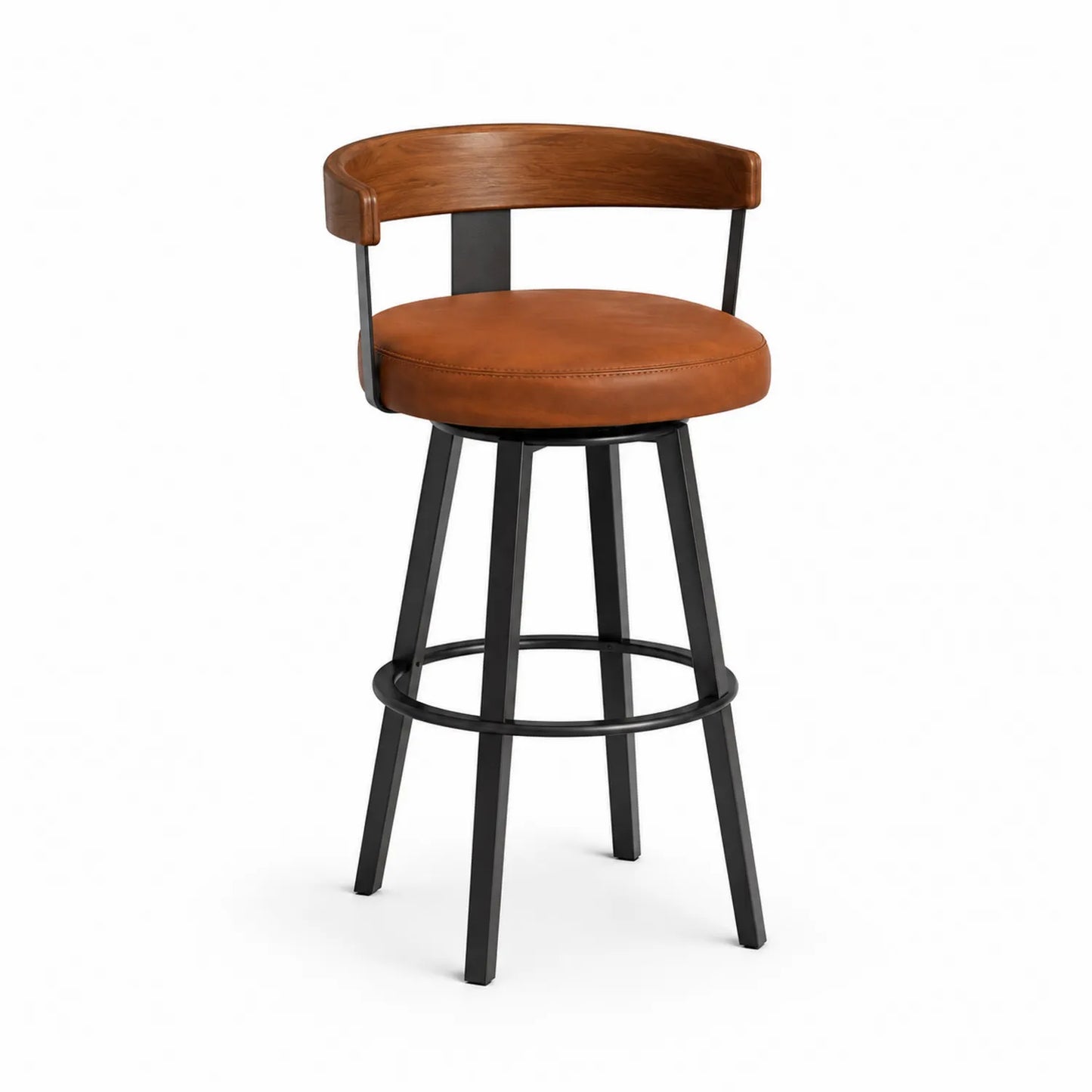 Tabouret de bar pivotant en cuir brun avec structure en métal et dossier en bois