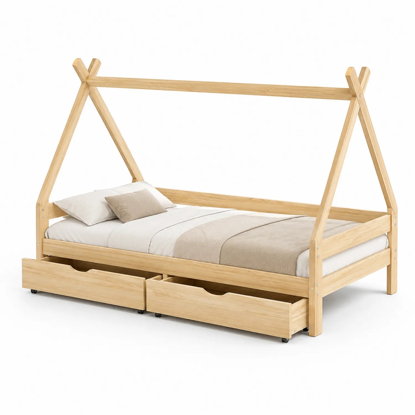 Lit cabane en bois avec matelas et tiroirs 200x90 cm