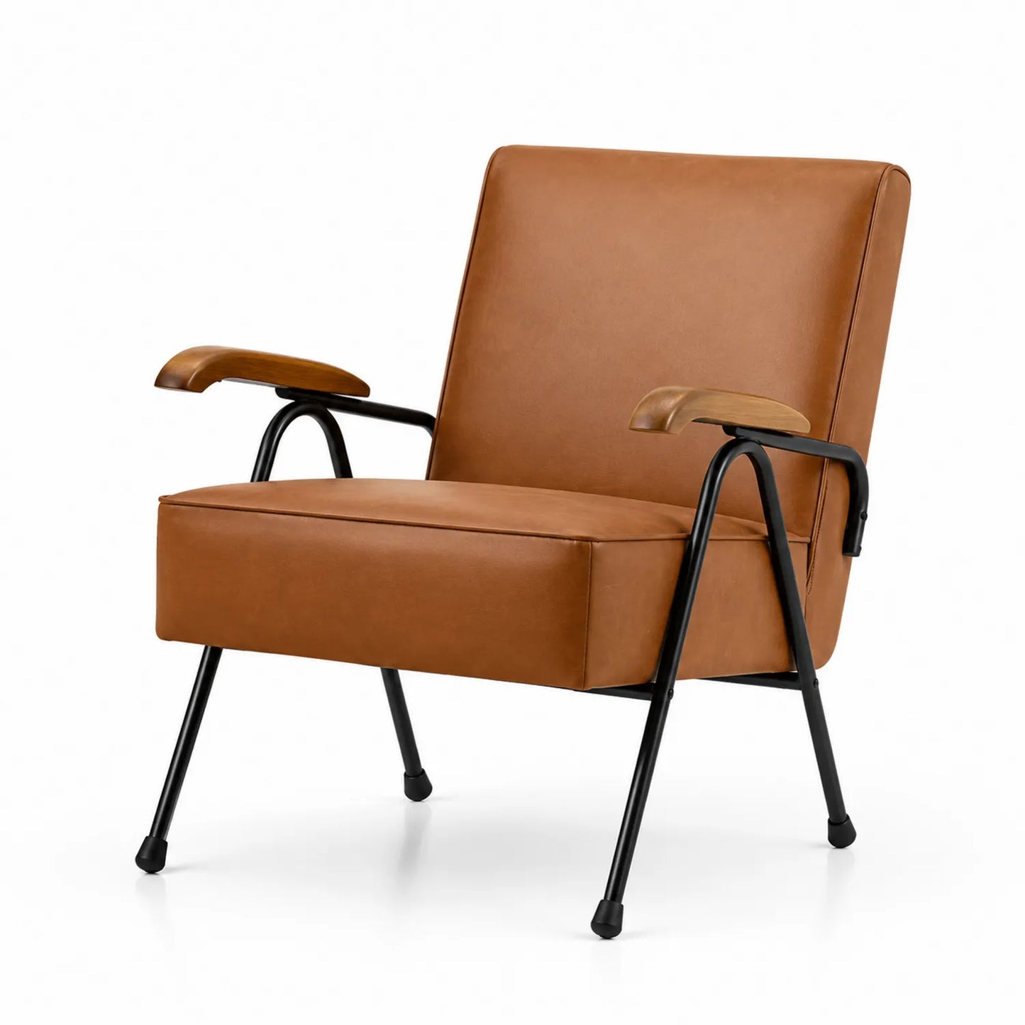Fauteuil en cuir synthétique brun avec accoudoirs en bois et structure en métal noir 75x70x85 cm