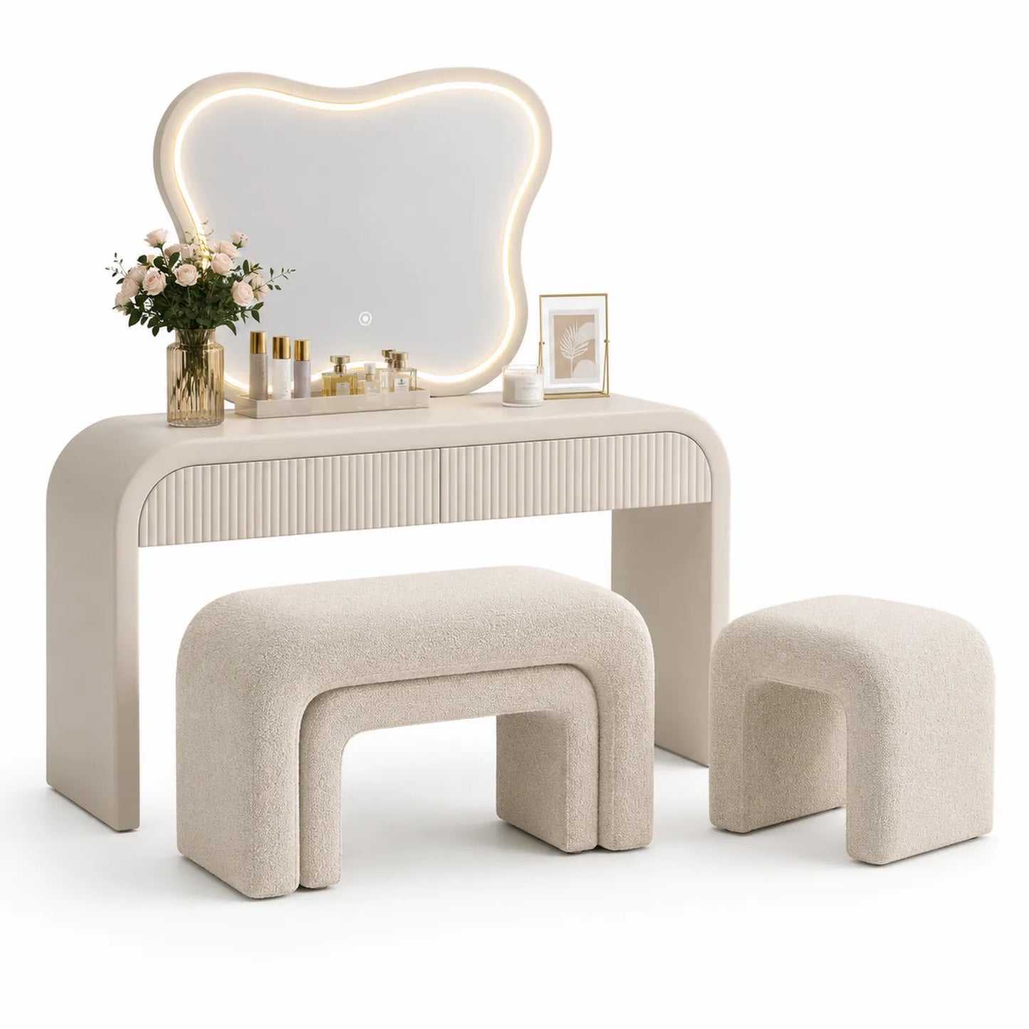 Coiffeuse avec Miroir LED et Tabourets Beige