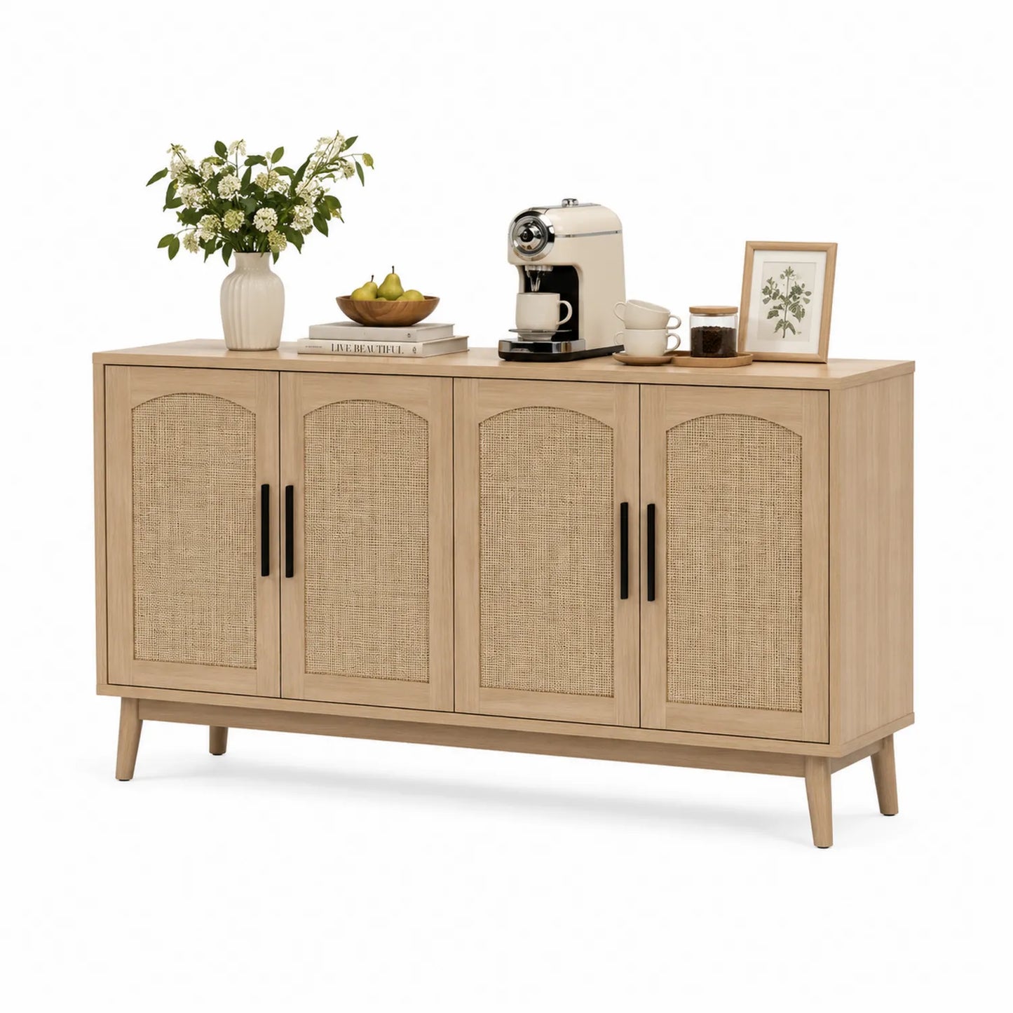 Buffet en bois clair et rotin 4 portes