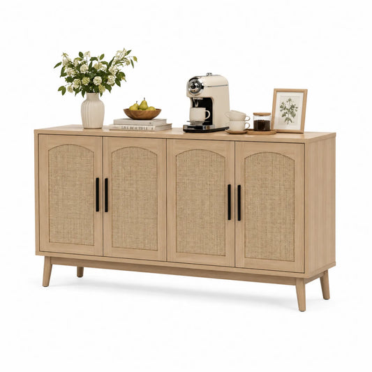Buffet en bois clair et rotin 4 portes