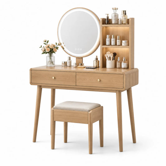 Coiffeuse en bois avec miroir LED rond et tabouret