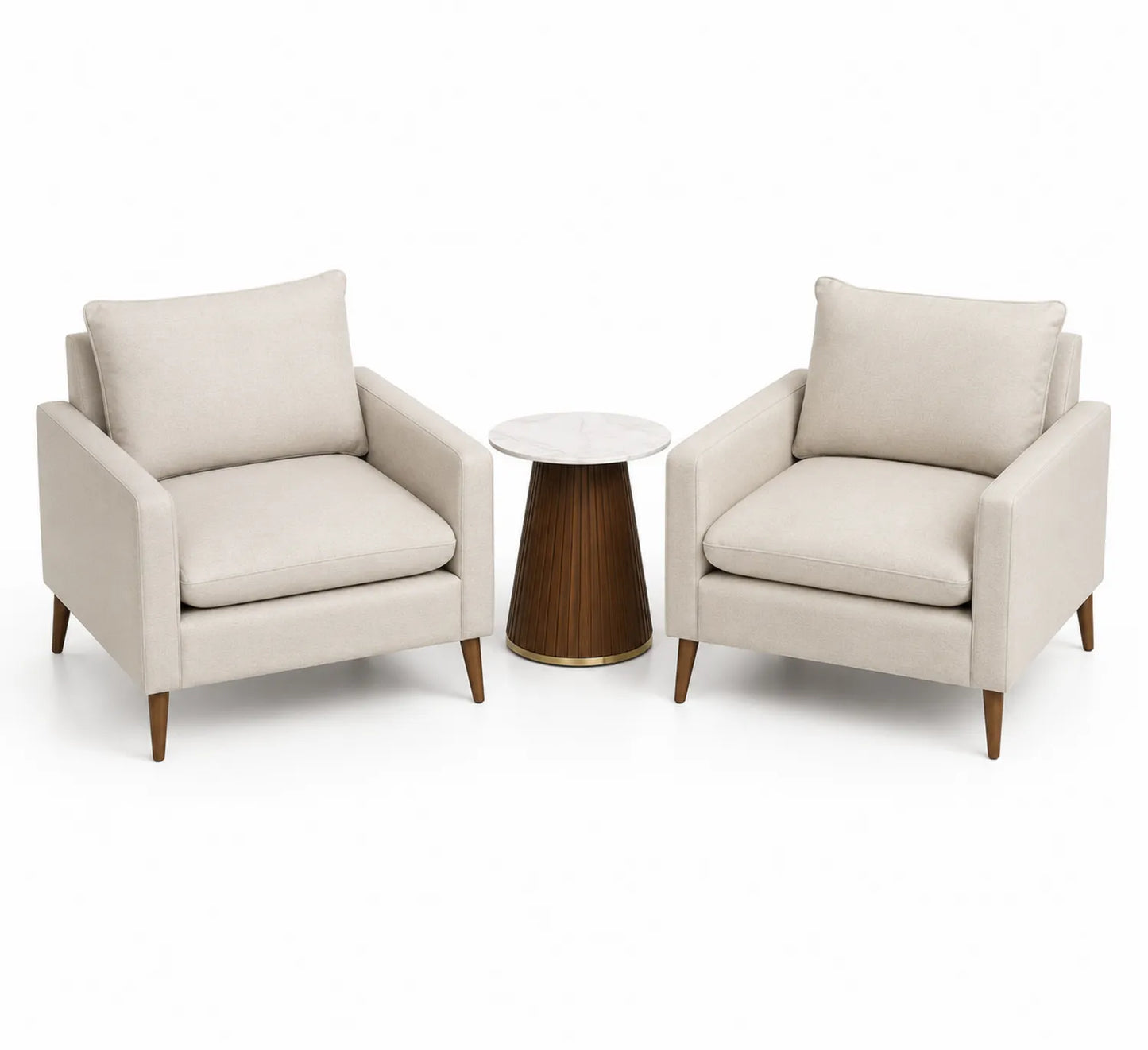 Ensemble de fauteuils en tissu beige avec table d'appoint en bois et marbre