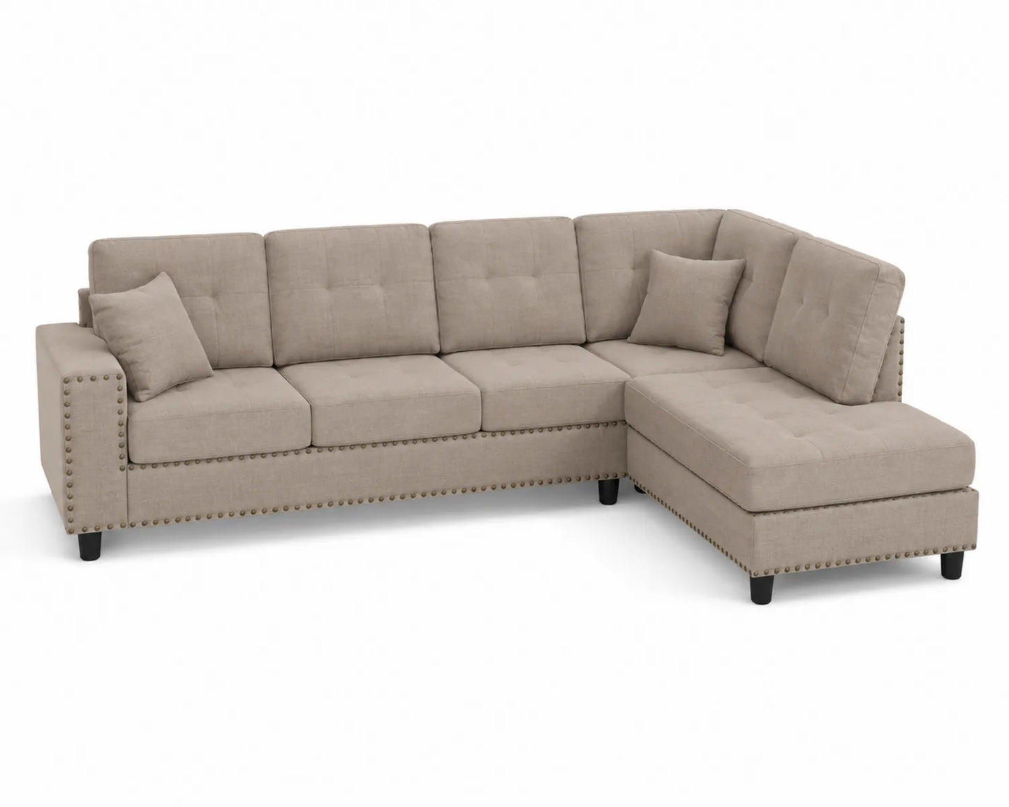 Canapé d'angle en tissu lin beige avec coussins