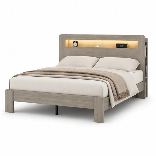 Lit en bois avec rangements intégrés et éclairage LED 160x200 cm