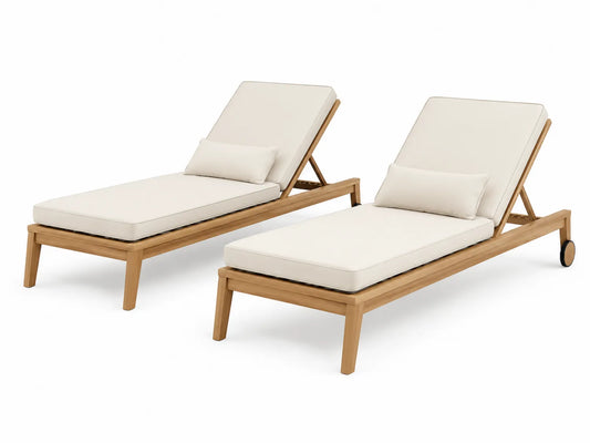 Lot de 2 chaises longues en bois avec coussins réglables en polyester beige