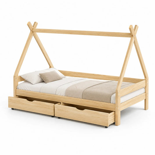 Lit cabane en bois avec matelas et tiroirs 200x90 cm