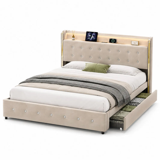 Lit double en velours avec tiroirs de rangement et étagères intégrées, Beige, 140x200 cm
