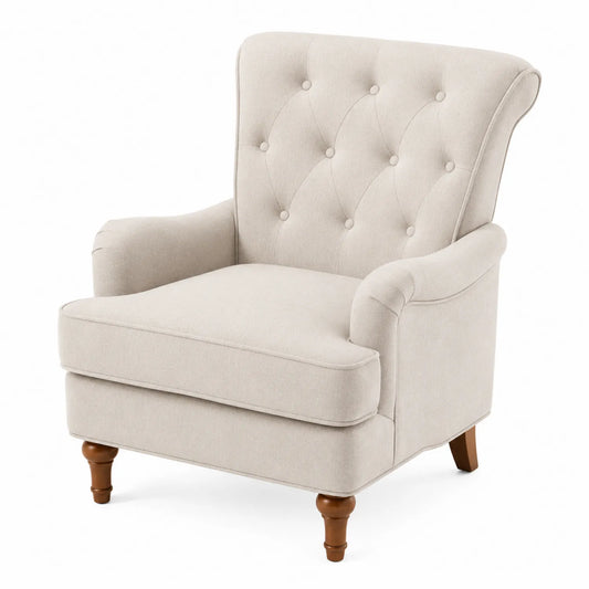 Fauteuil en tissu lin beige avec pieds en bois