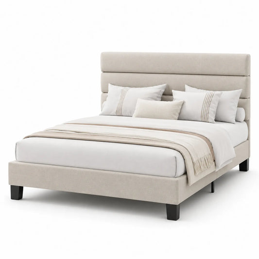 Lit double en bois et tissu beige 200x160 cm