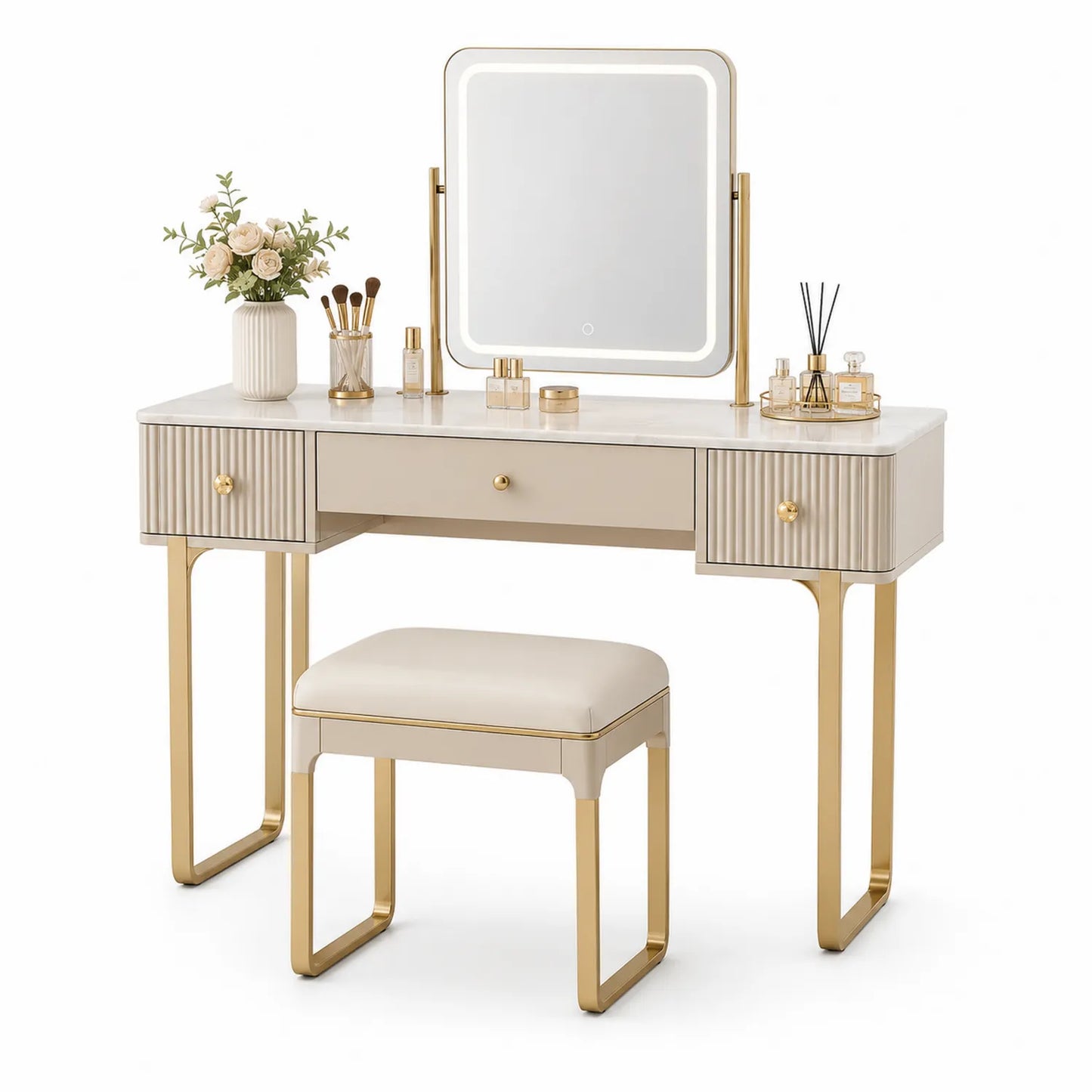 Coiffeuse avec miroir LED et tabouret en métal et cuir synthétique beige