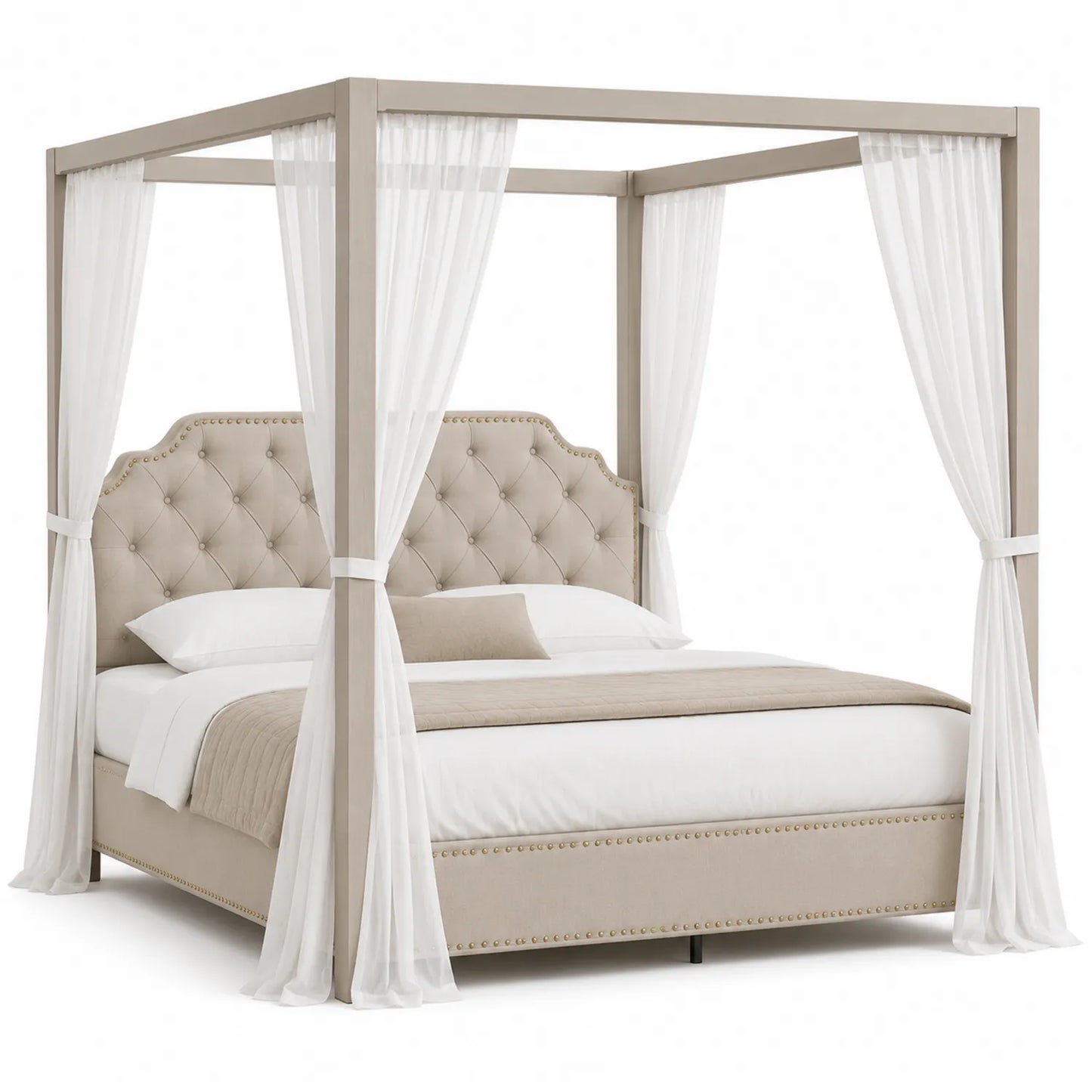 Lit à baldaquin en bois et tissu beige avec rideaux