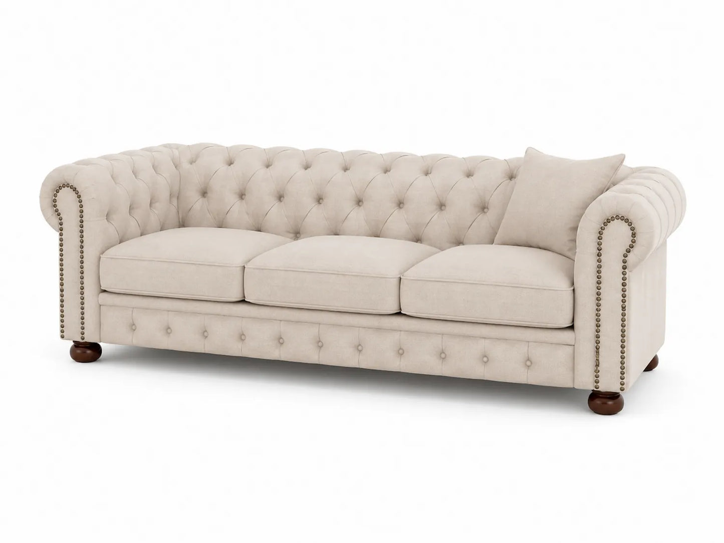 Canapé Chesterfield 3 places en lin et bois beige