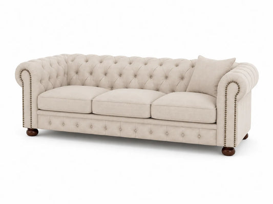 Canapé Chesterfield 3 places en lin et bois beige