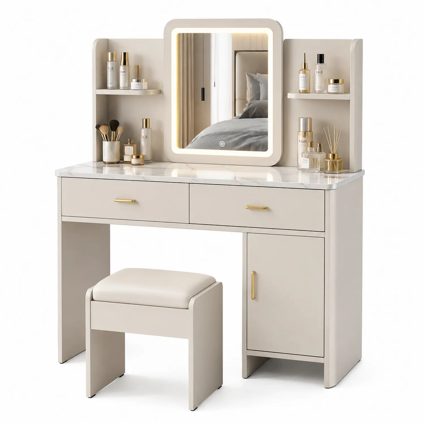 Coiffeuse avec Miroir LED et Tabouret en MDF Beige