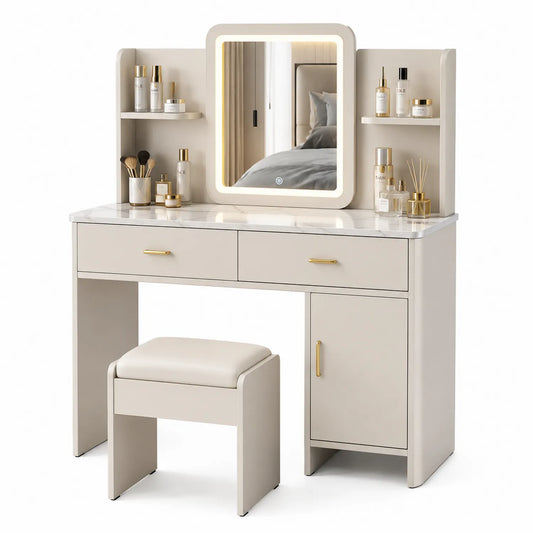 Coiffeuse avec Miroir LED et Tabouret en MDF Beige