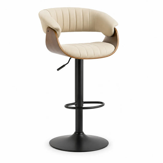 Tabouret de bar en cuir PU beige avec pied en métal noir