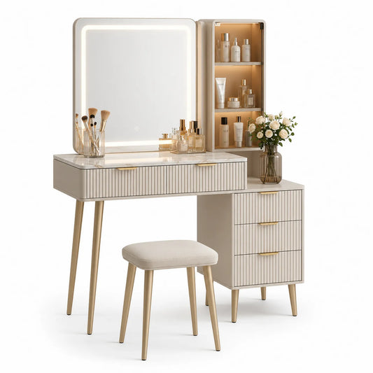 Coiffeuse en bois MDF avec miroir LED et tabouret